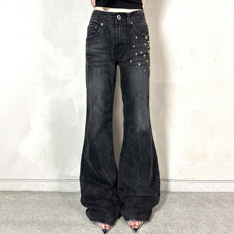 Low Rise Washed Studded Flared Jeans Product Image