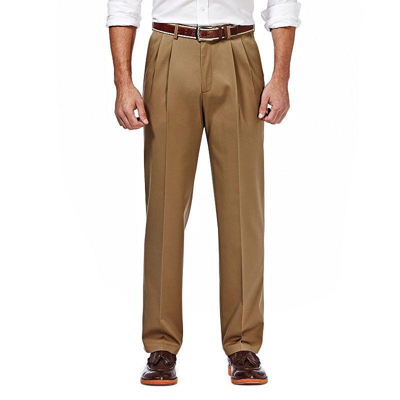 Mens Haggar Premium No-Iron Khaki Stretch Classic-Fit Pleated Expandable Waist Pants, Mens Product Image