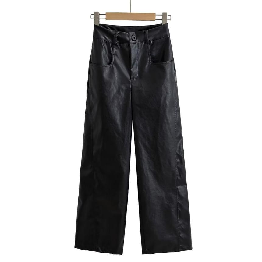 High Rise Faux Leather Plain Flared Pants Product Image