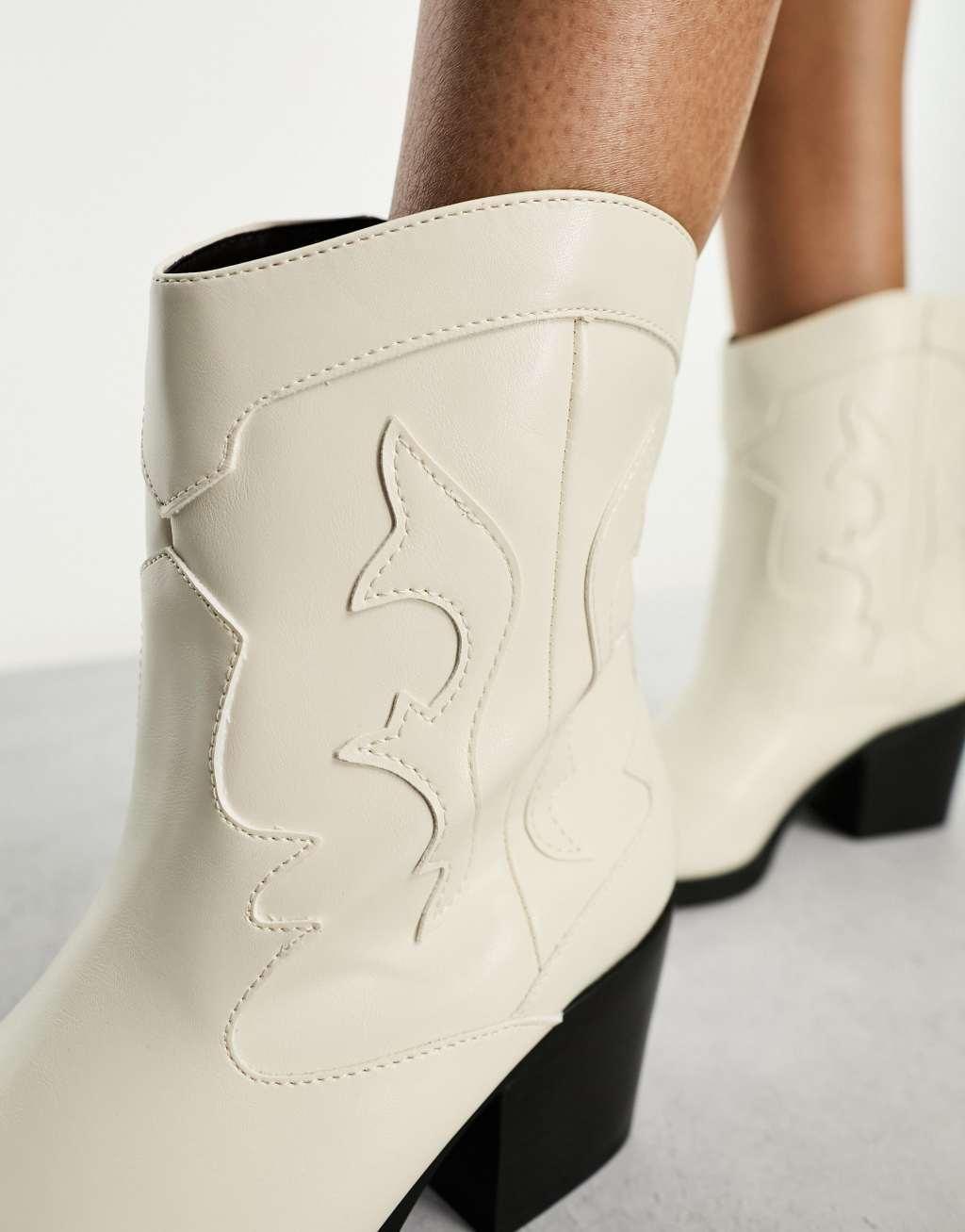 Bershka faux leather cowboy boots in off white Product Image