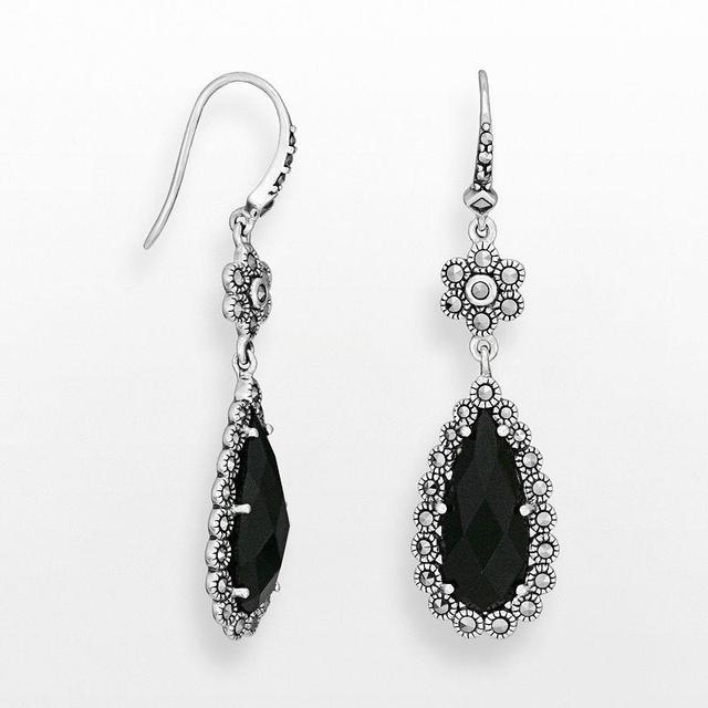 Sterling Silver Black Agate and Marcasite Teardrop Earrings, Womens Product Image