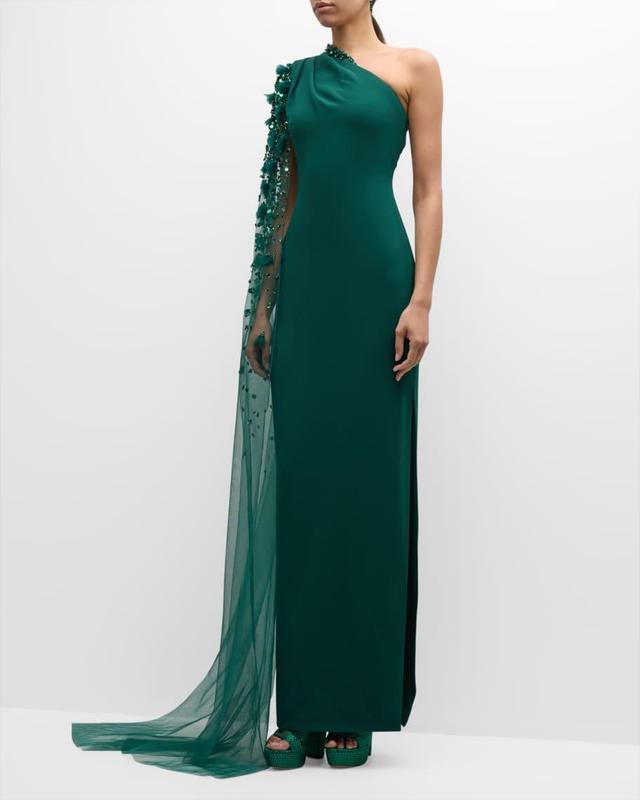 Asymmetric Beaded Tulle Cape-Sleeve Crepe Gown Product Image