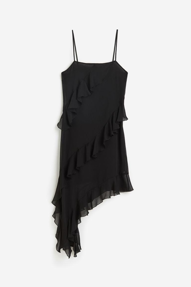 H & M - Flounce-trimmed Asymmetric Dress - Black Product Image