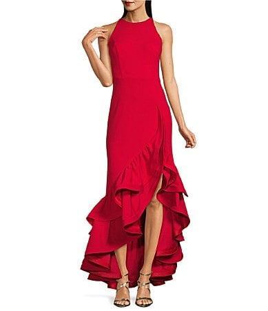 Betsy  Adam Round Neck Sleeveless Ruffle High-Low Stretch Crepe Gown product image