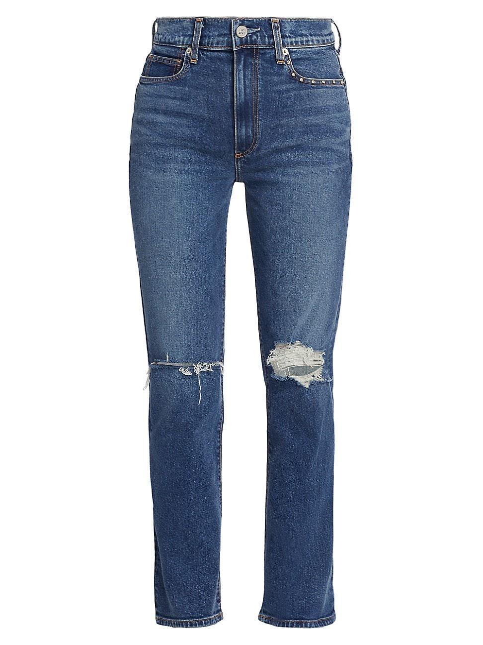 Womens Isla Crystal High-Rise Distressed Straight-Leg Jeans Product Image