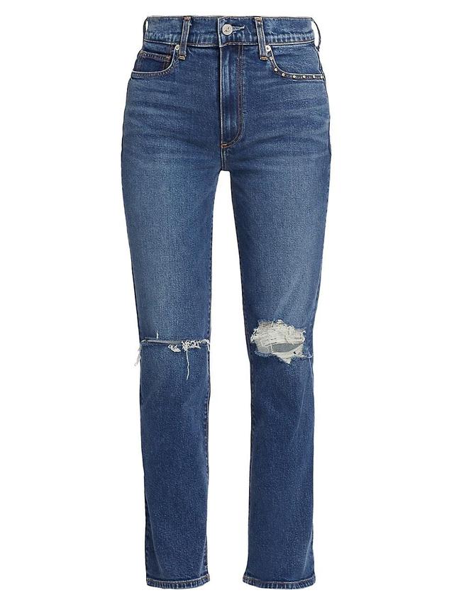 Womens Isla Crystal High-Rise Distressed Straight-Leg Jeans Product Image