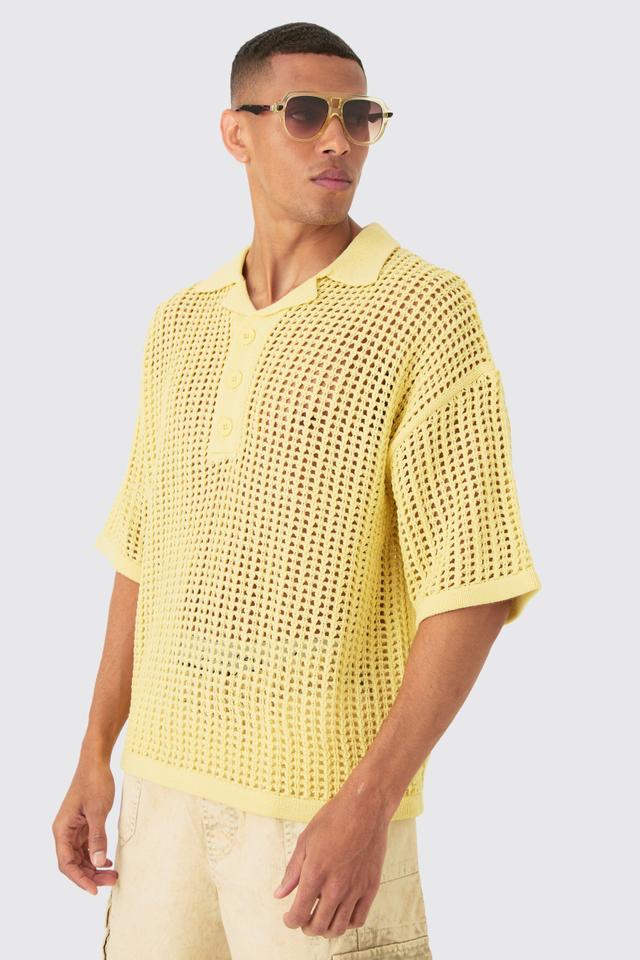 Mens Yellow Oversized Open Stitch Deep Revere Knit Polo, Yellow Product Image