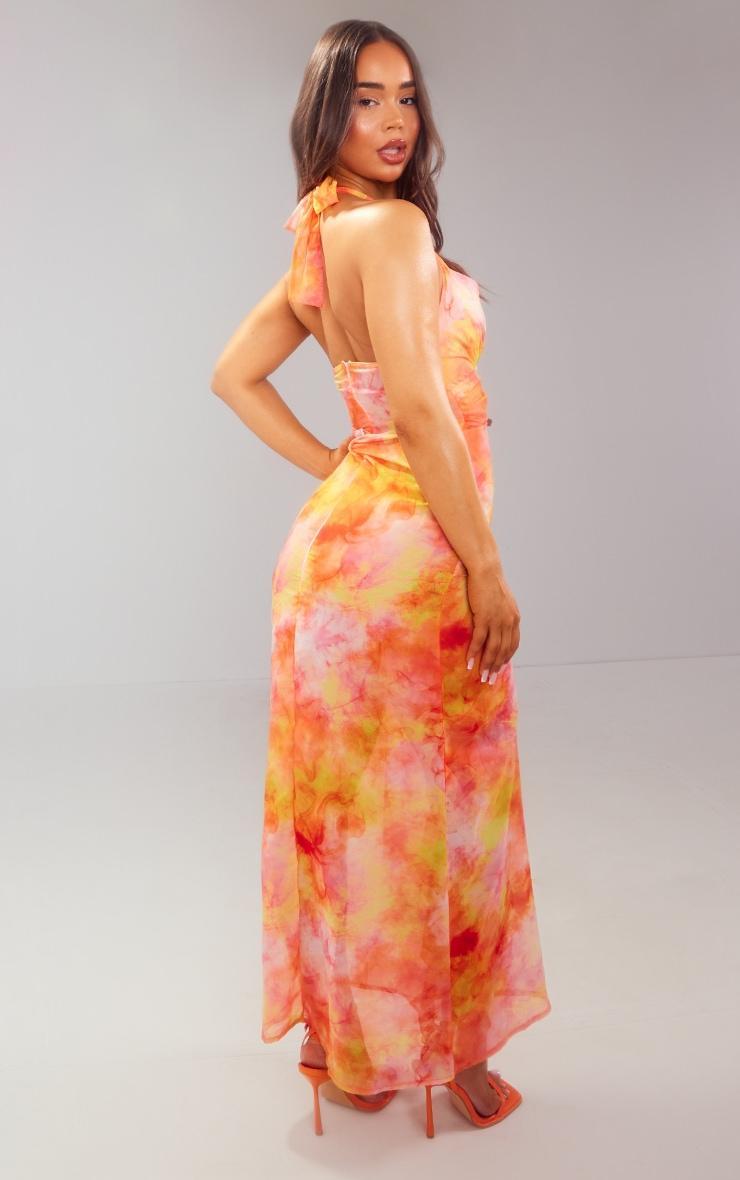 Pink Washed Tie Dye Printed Frill Mesh Maxi Dress Product Image