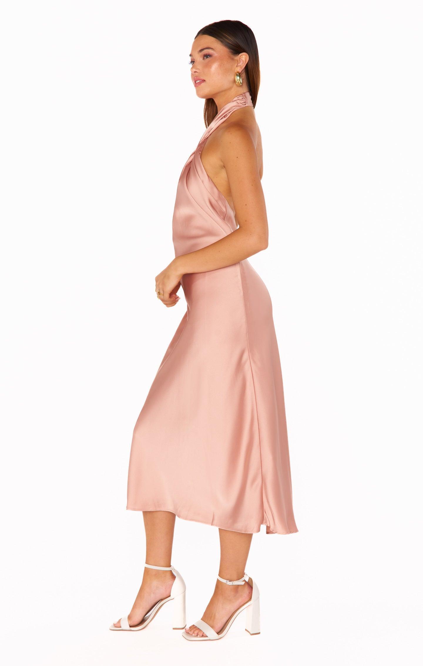 Jasmine Halter Midi Dress ~ Rose Gold Luxe Satin Product Image