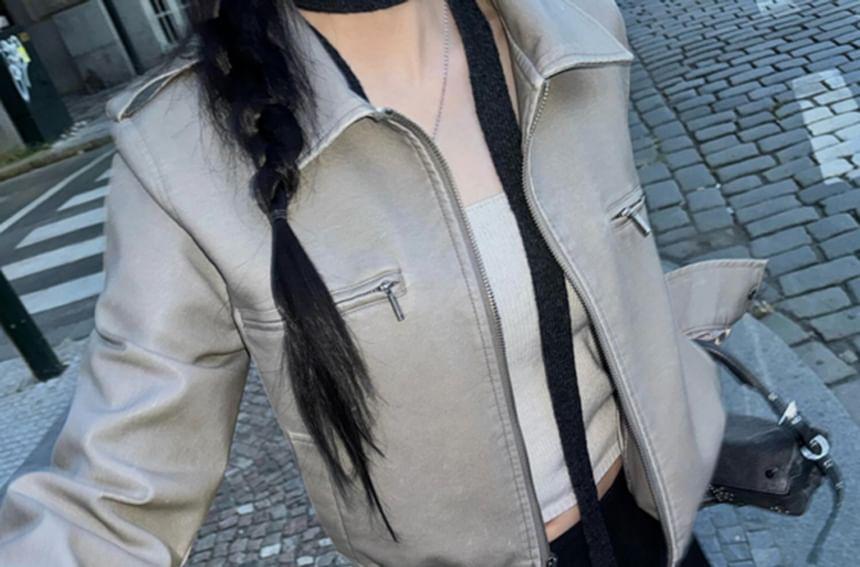 Plain Faux Leather Zip Jacket Product Image