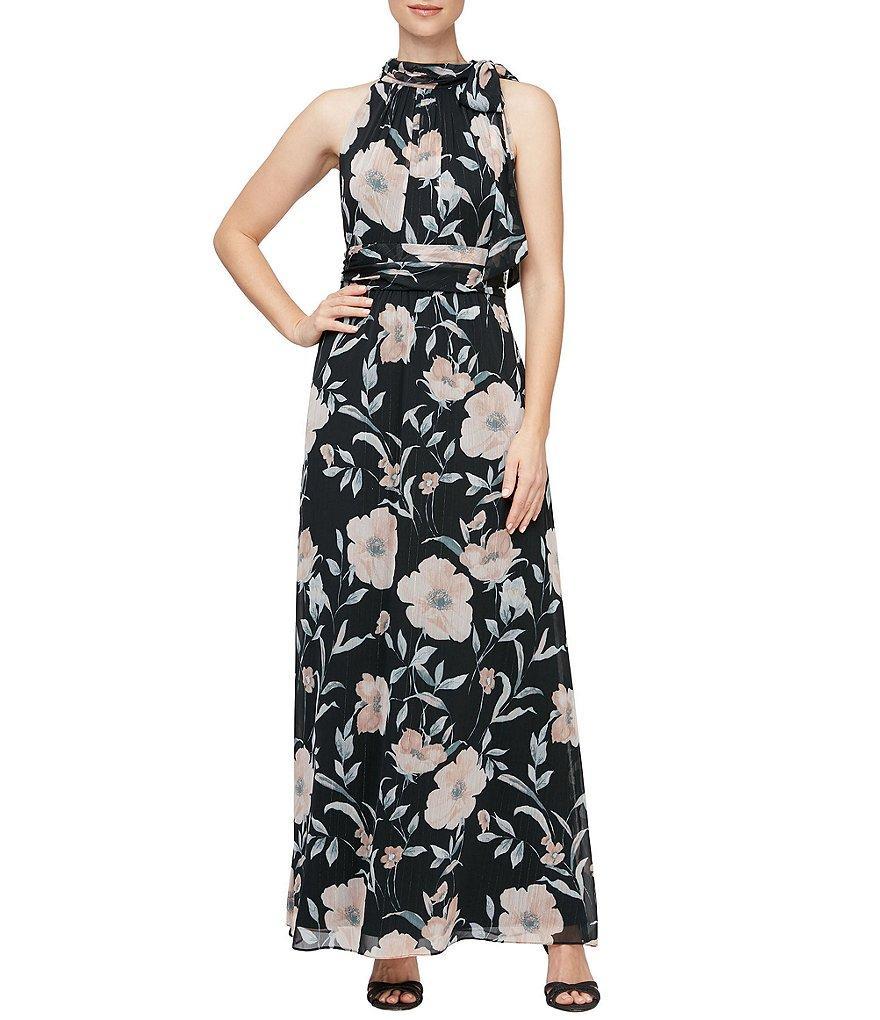 Ignite Evenings Petite Size Tie Neck Floral Chiffon Maxi Dress product image