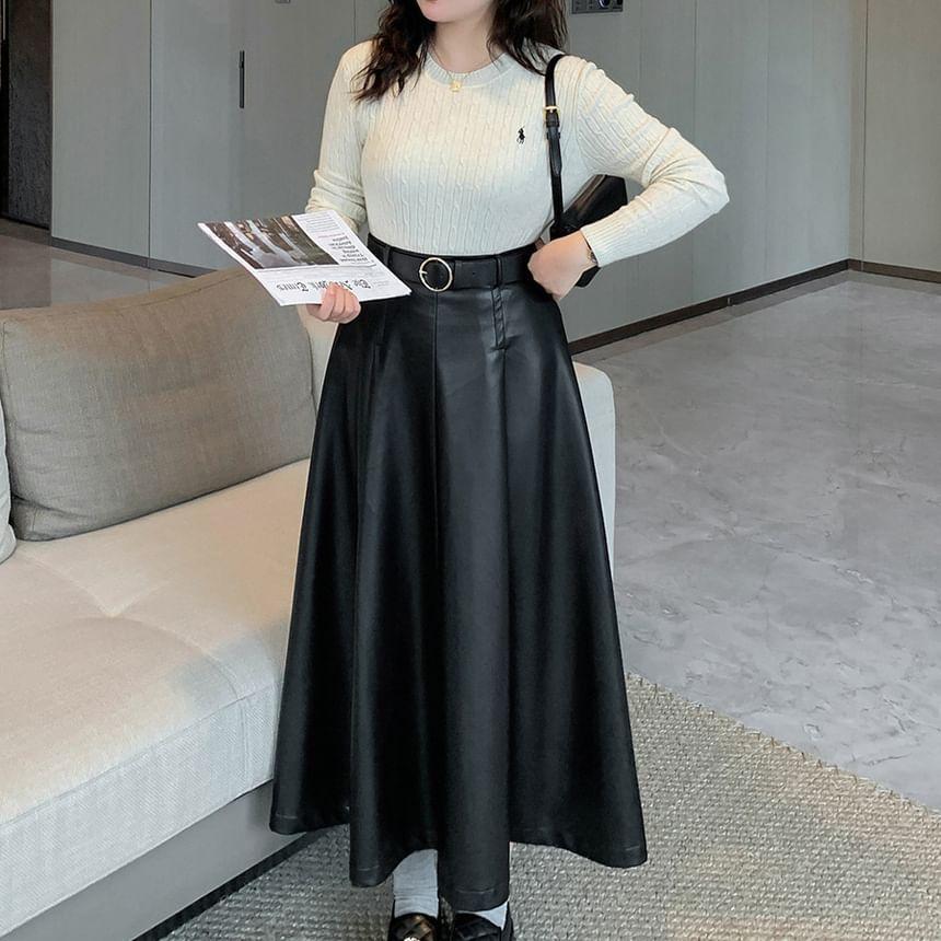 Plus Size High Rise Plain Inverted Pleated Faux Leather Maxi A-Line Skirt Product Image