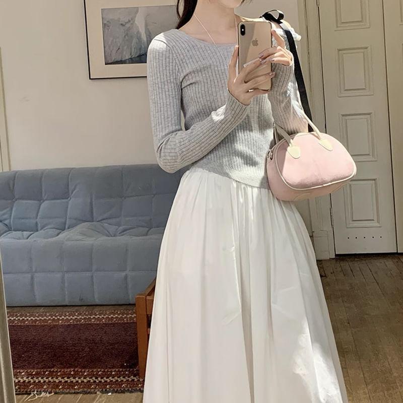 Long-Sleeve Boat Neck Bow Ribbed Knit Top / High Rise Midi A-Line Balloon Skirt Product Image