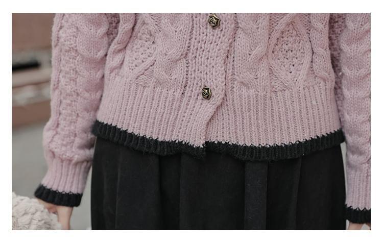 Round Neck Contrast Trim Cable Knit Cardigan Product Image