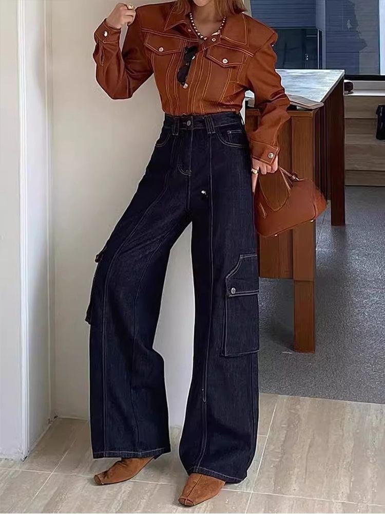 High Waist Pocket Detail Wide Leg Jeans Product Image