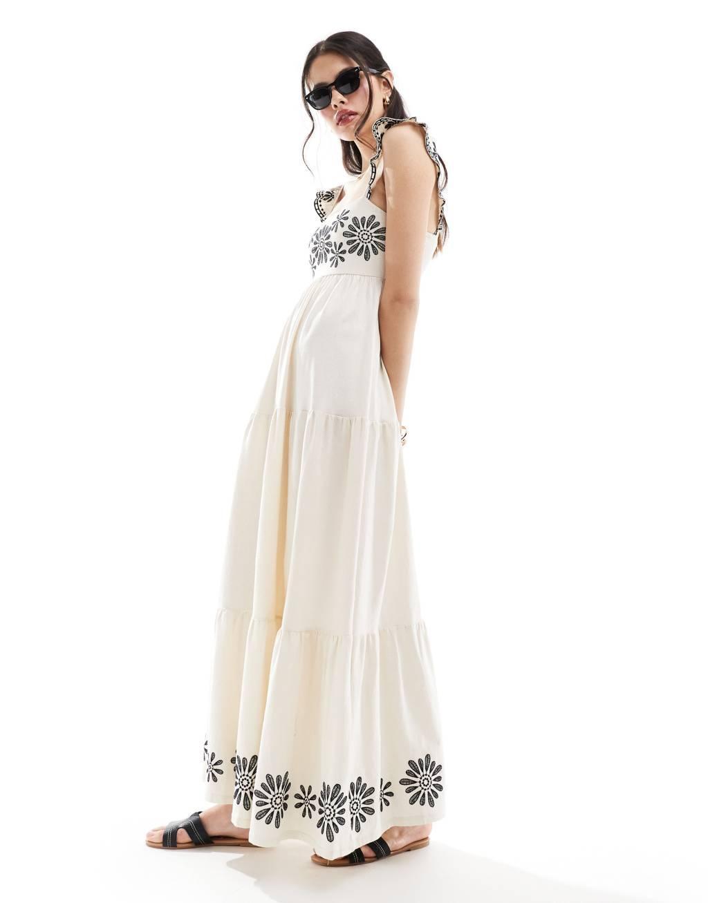 Miss Selfridge tiered maxi dress with embroidery detail in cream Product Image