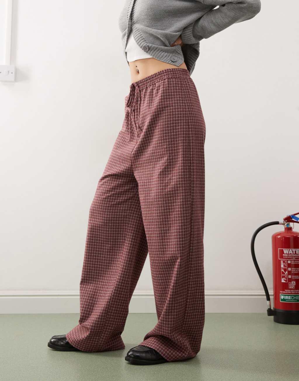 Reclaimed Vintage relaxed baggy pull on pants in burgundy check Product Image