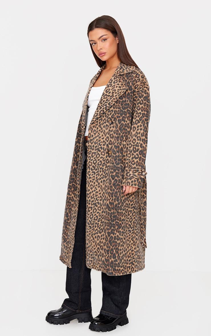 Brown Leopard Print Denim Trench Coat Product Image