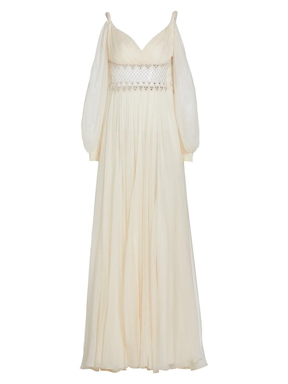 Womens Beaded Silk Chiffon Cold-Shoulder Gown Product Image