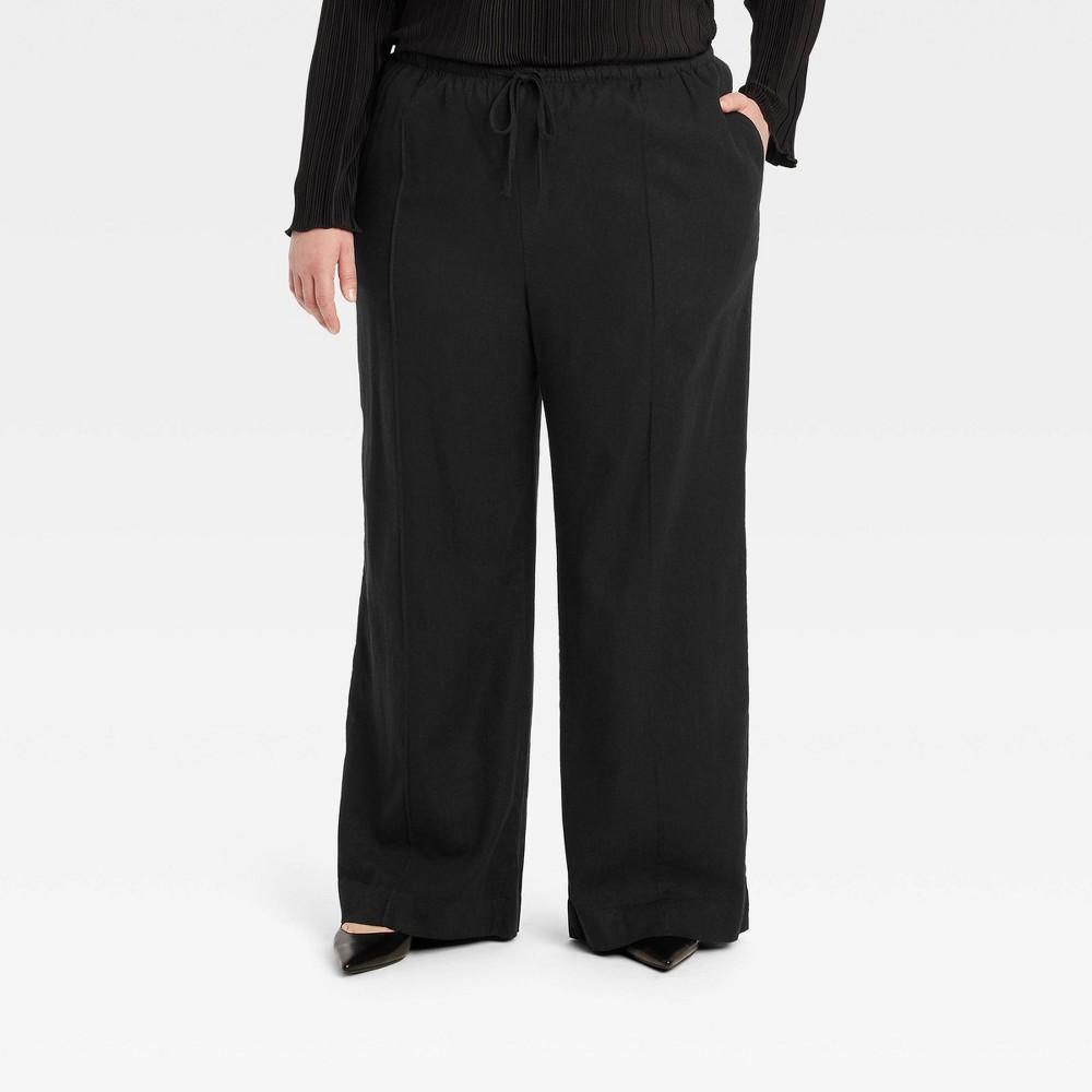 Womens High-Rise Wide Leg Linen Pull-On Pants - A New Day Black 1X Product Image