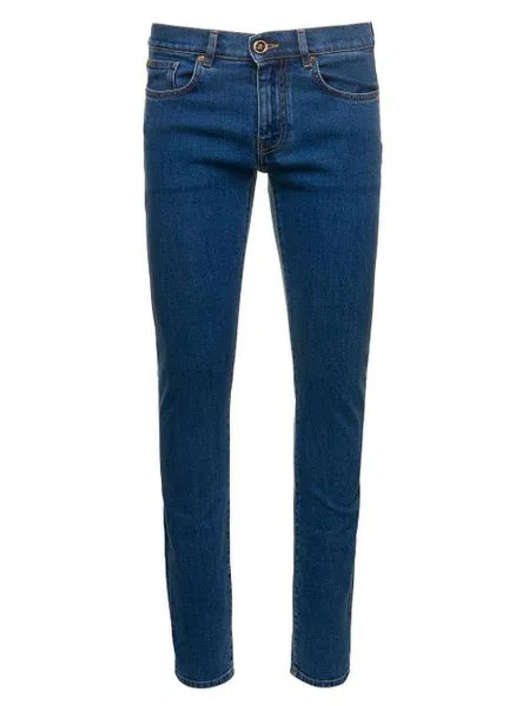 Blue Fitted Jeans With Logo Embroidered And Botton In Cotton Blend Denim Woman Product Image