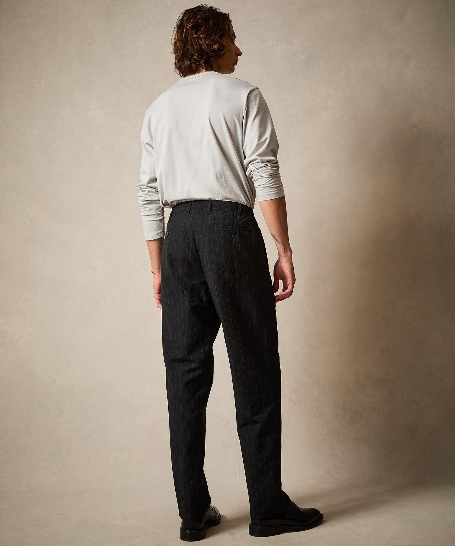 Italian Wool Linen Side Elastic Trouser in Black Pinstripe Product Image