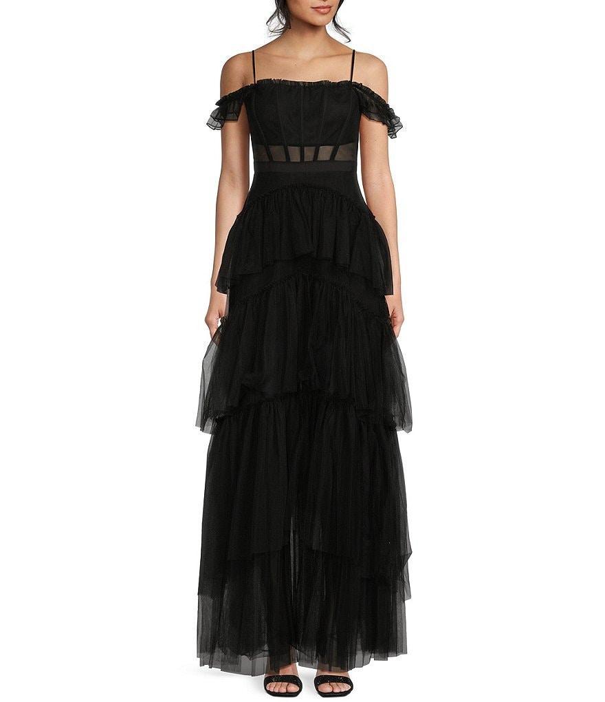 Next Up Spaghetti Strap Off-The-Shoulder Tiered Ruffle Long Dress Product Image