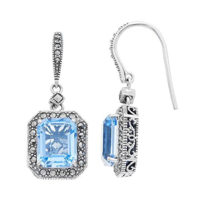 Lavish by TJM Sterling Silver Octagon Cut Lab Created Blue Quartz & Marcasite Earwire Earrings, Womens Product Image