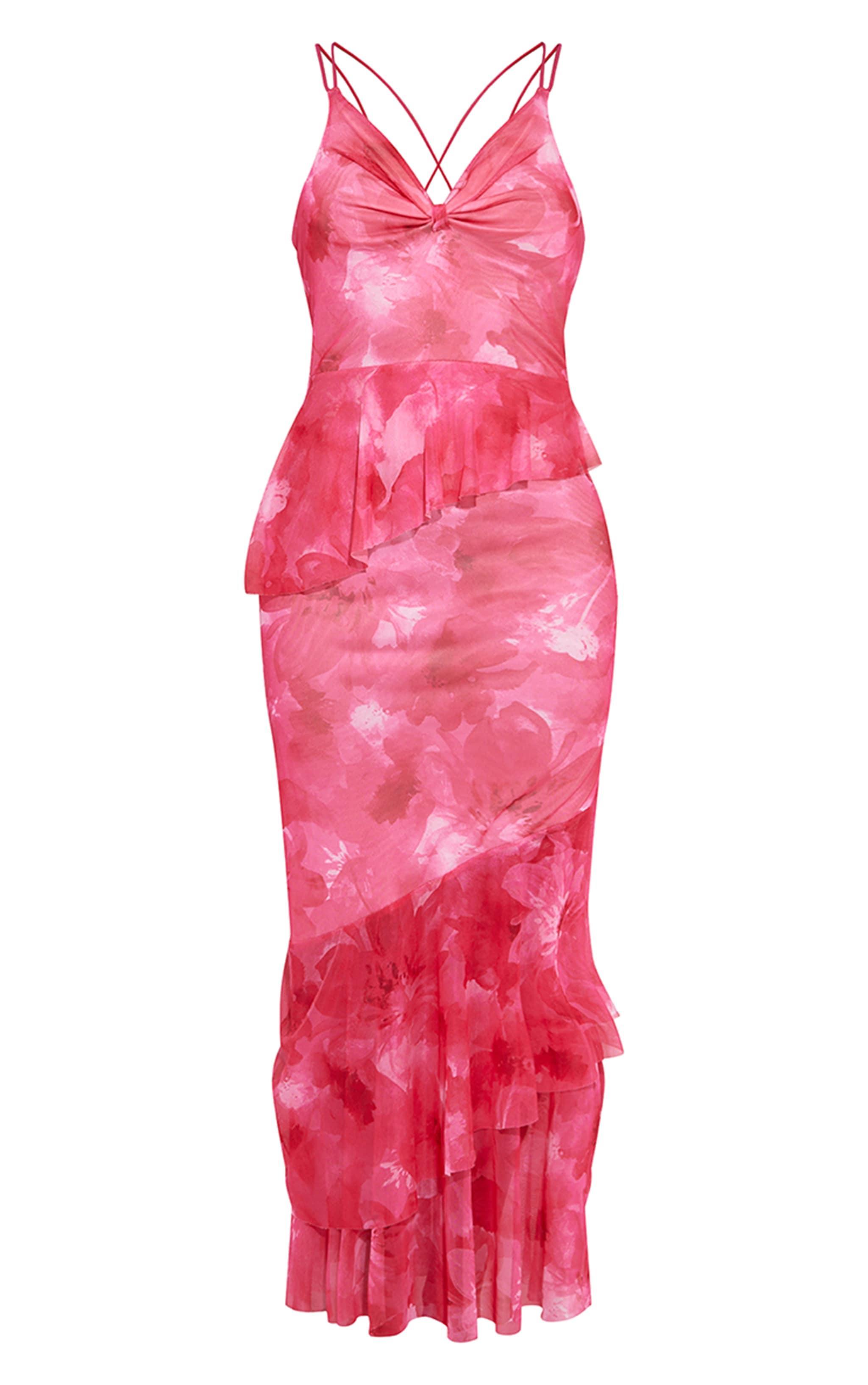 Pink Floral Printed Mesh Frill Midaxi Dress Product Image