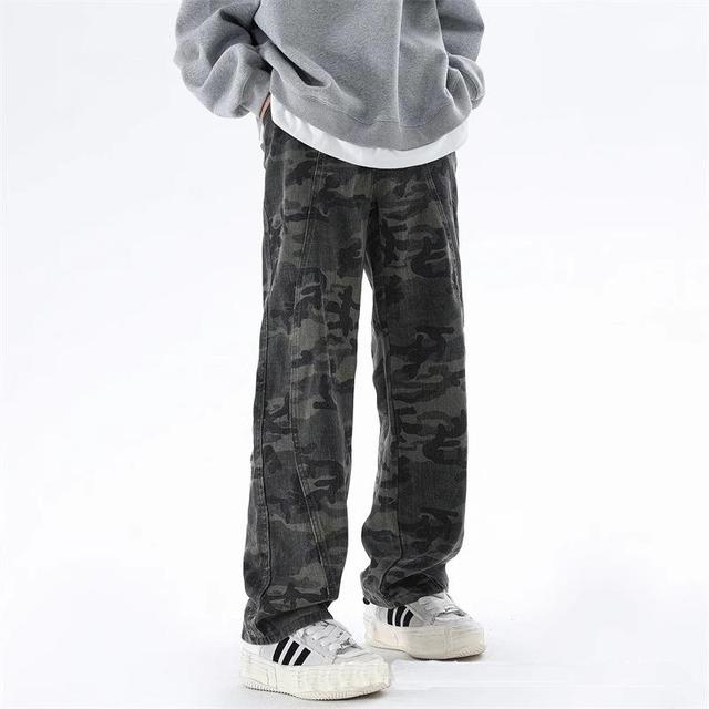 Men's Trendy High Street Ins Camouflage Patchwork Straight Pants Product Image