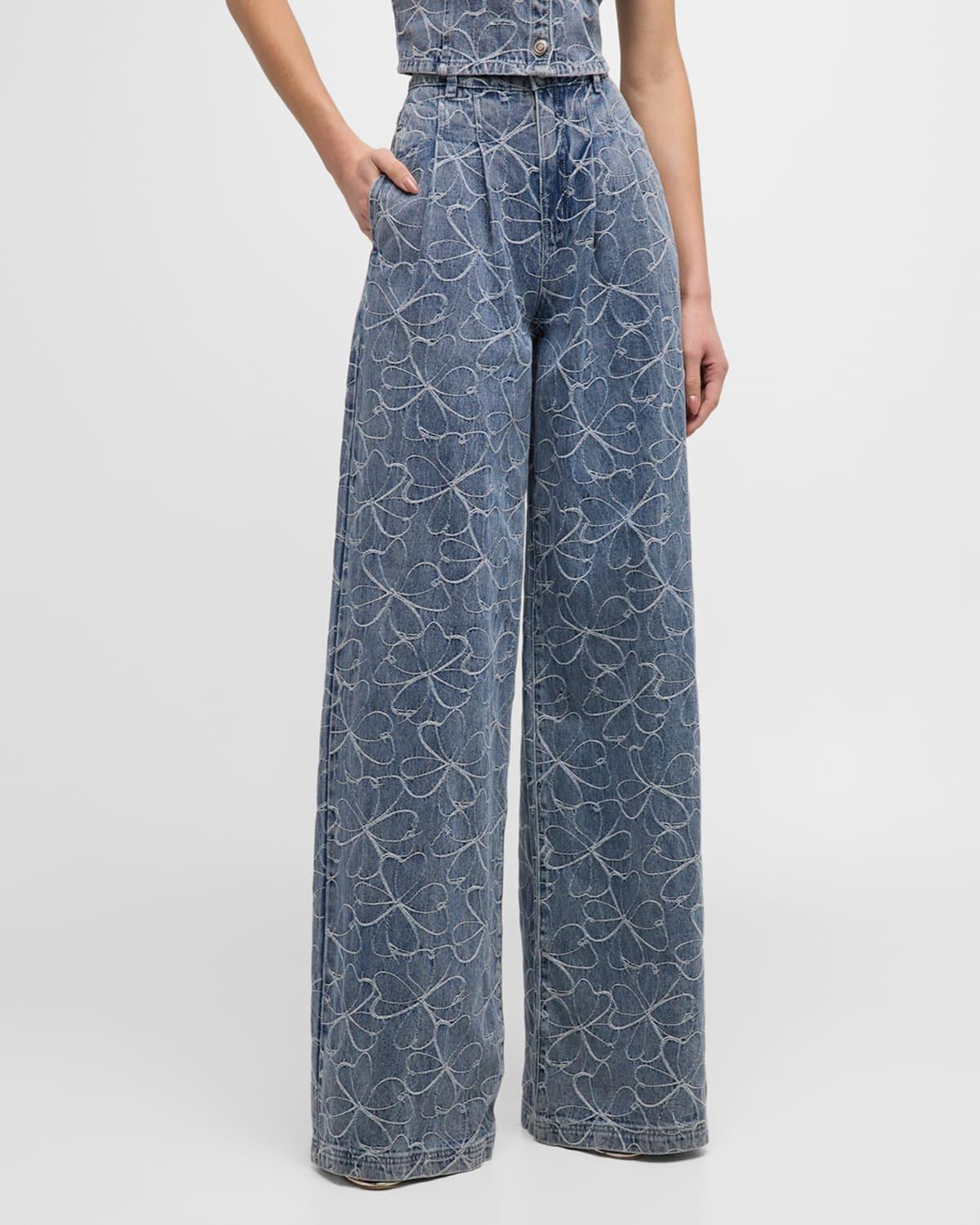 Womens Adley Floral-Embroidered Denim Wide-Leg Jeans Product Image