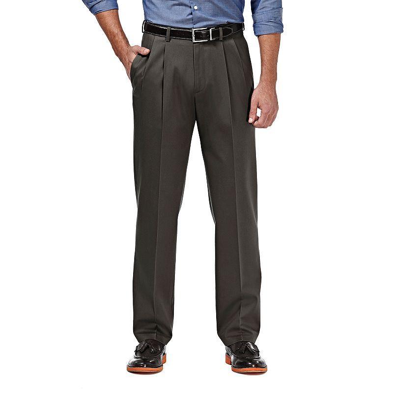 Mens Haggar Premium No-Iron Khaki Stretch Classic-Fit Pleated Expandable Waist Pants, Mens Dark Grey Product Image