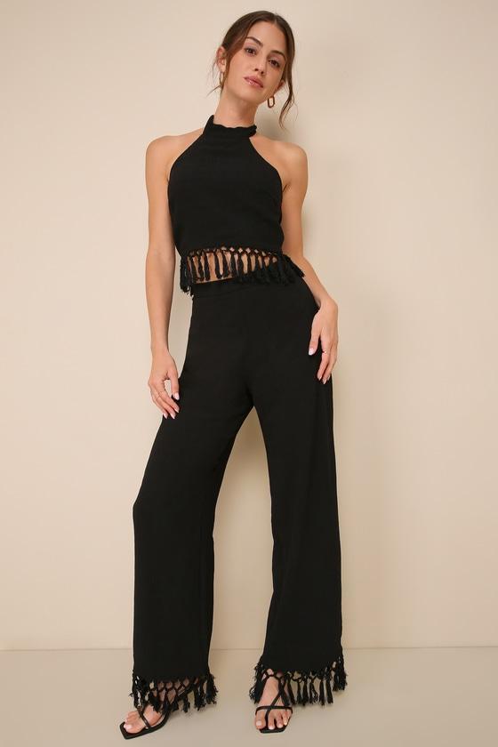 Summery Occasion Black Fringe High Rise Wide-Leg Pants Product Image