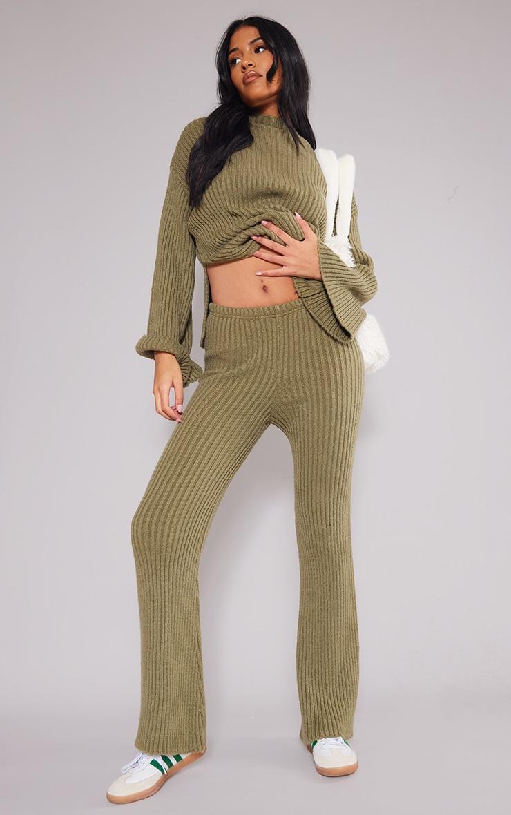 Tall Olive Soft Knit Wide Leg Pants Product Image