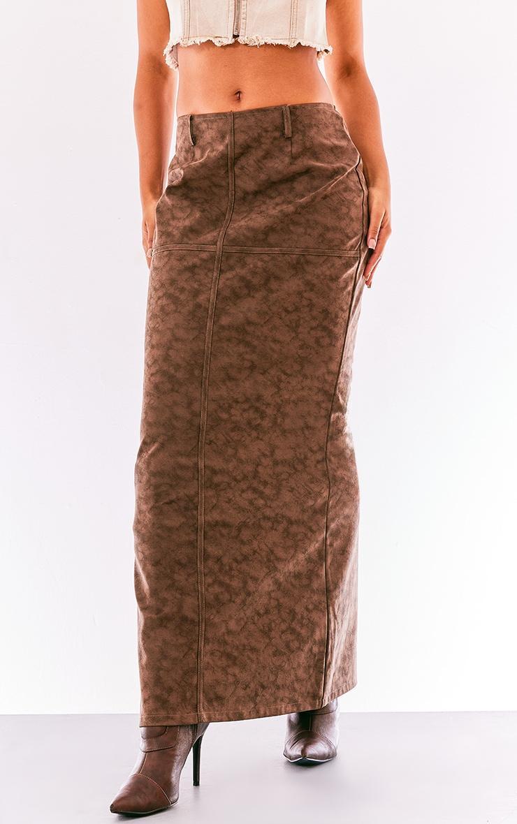 Premium Brown Washed Faux Leather Low Rise Maxi Skirt Product Image