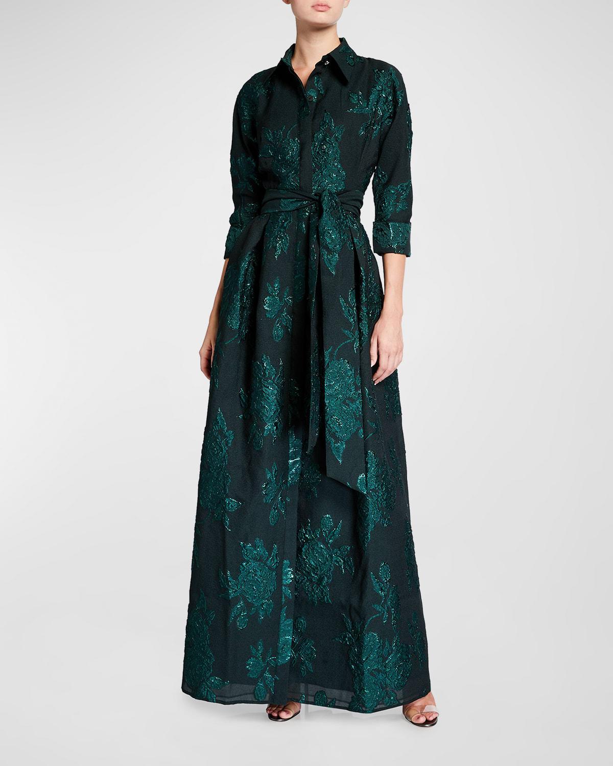 Womens Three-Quarter Sleeve Metallic Jacquard Shirt Waist Gown Product Image