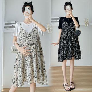 Maternity Mock Two-Piece Short-Sleeve Crewneck Floral Print A-Line Dress Product Image