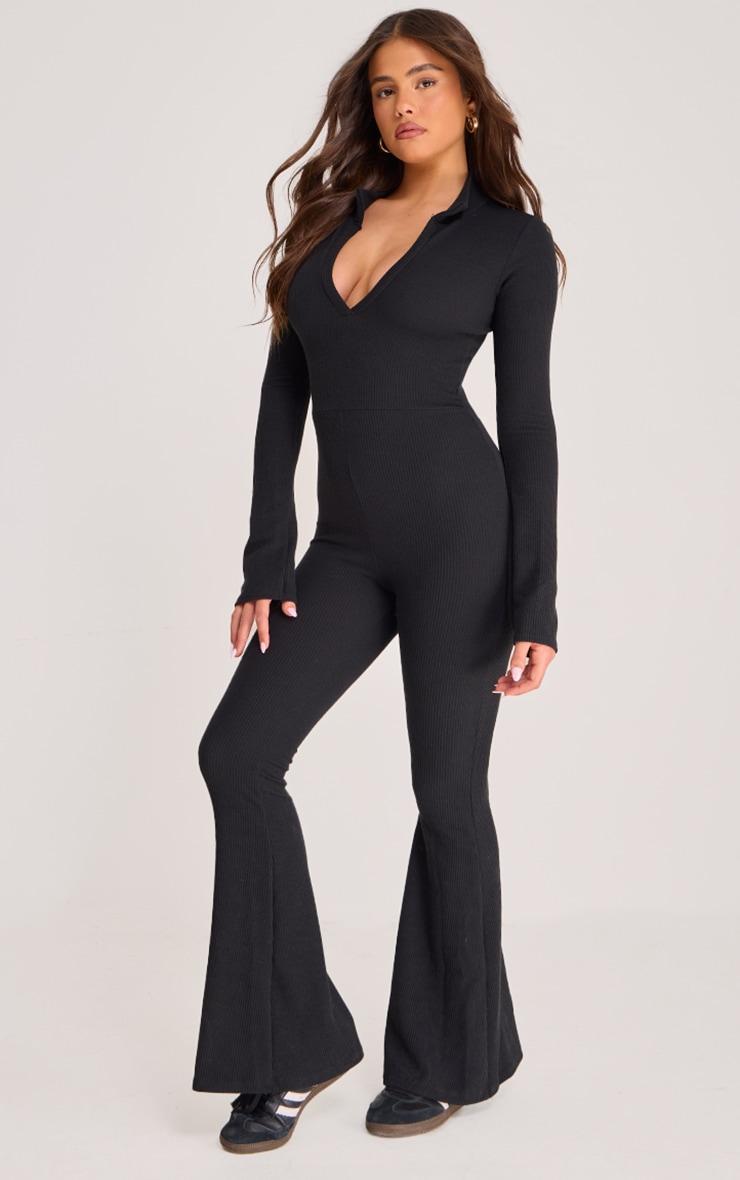 Black Rib Collar Detail Flare Leg Jumpsuit Product Image