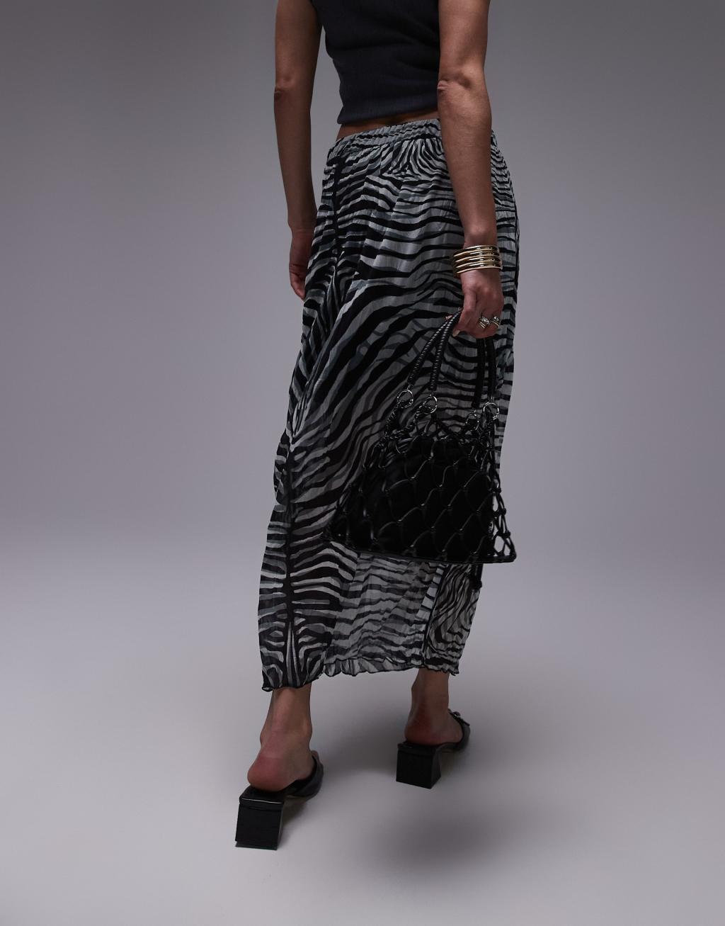 Topshop crinkle midi skirt in abstract print in mono Product Image