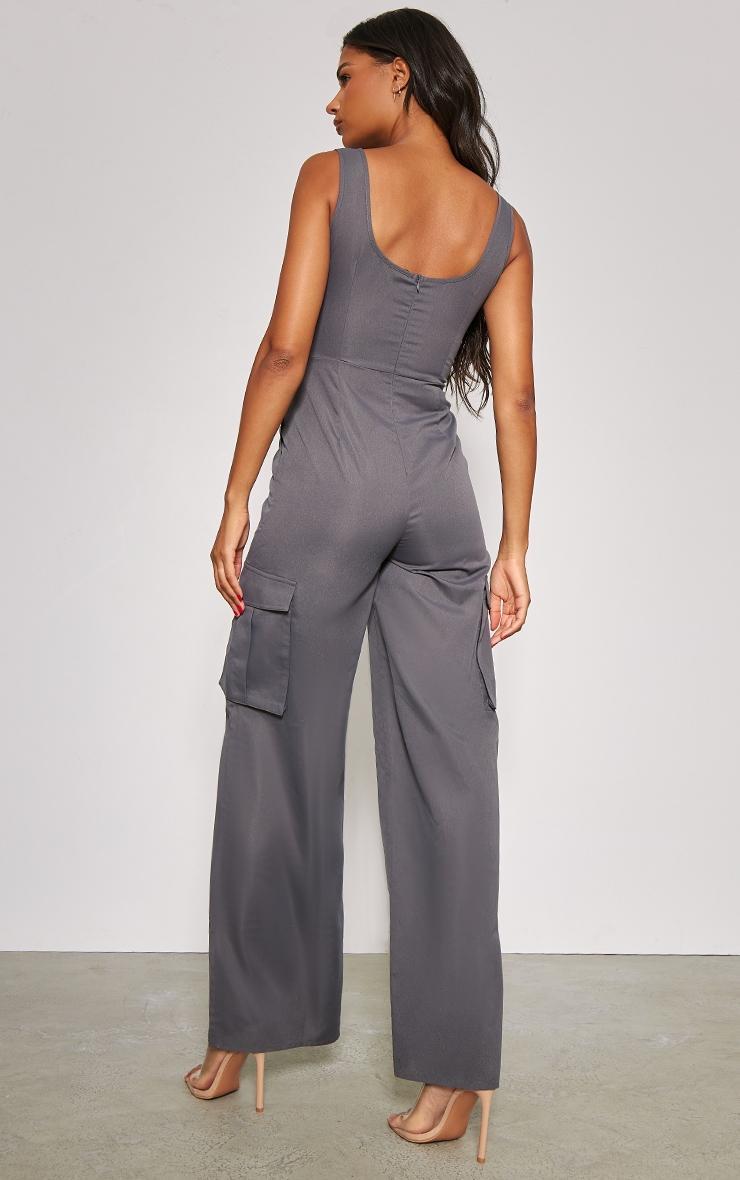 Charcoal Cross Chest Corset Detail Lightweight Cargo Jumpsuit Product Image