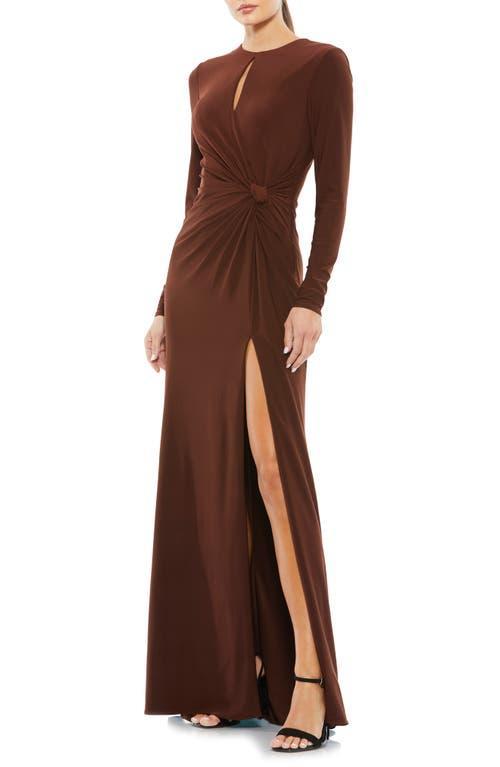 Mac Duggal Ruched Keyhole Long Sleeve Jersey Gown Product Image