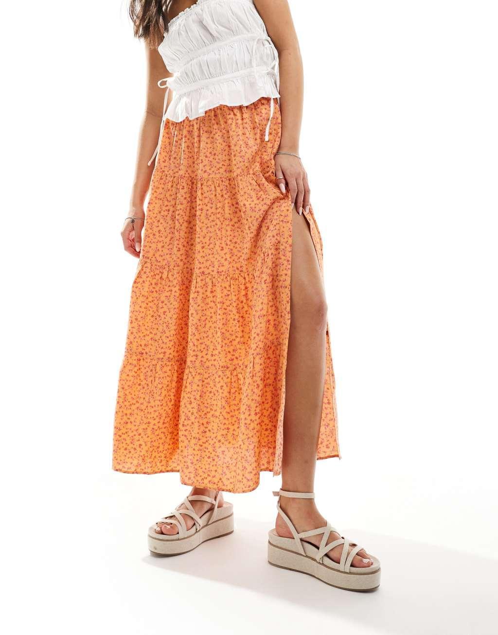 Miss Selfridge button detail tiered maxi skirt in orange floral Product Image