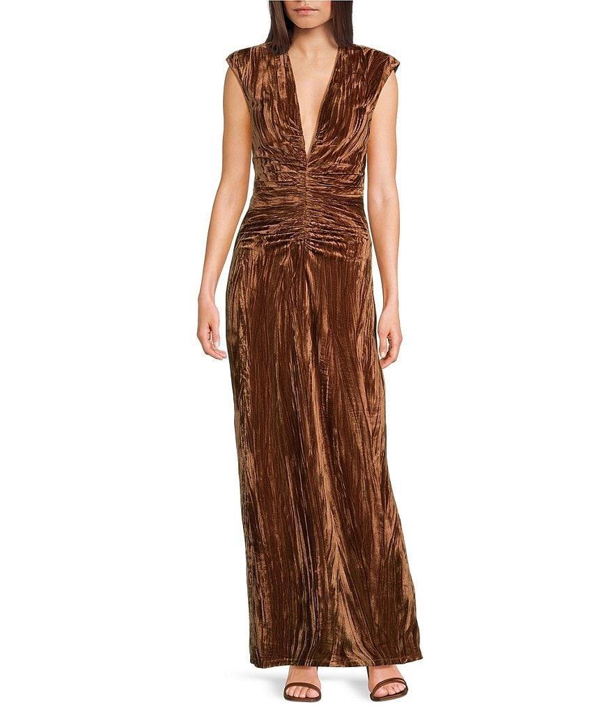 RONNY KOBO Hayley Crinkled Velvet Sleeveless V-Neck Ruched Detail Maxi Dress Product Image