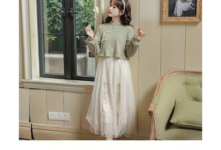 Long-Sleeve Stand Collar Mock Two-Piece Floral Embroidered Lace Panel Frog Buttoned Midi A-Line Dress Product Image