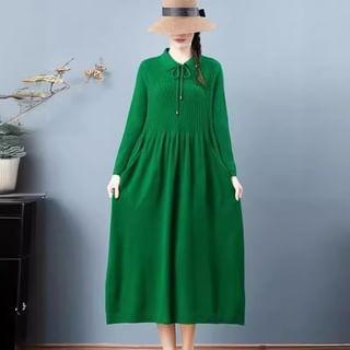 Long-Sleeve Collared Knit Midi A-Line Dress Product Image