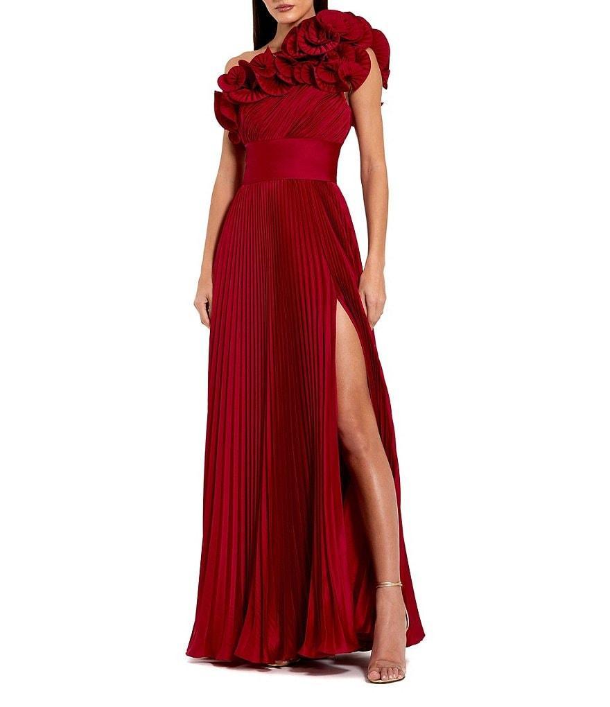 Mac Duggal Pleated Charmeuse One Shoulder Sleeveless Ruffle Trim Side Slit Gown Product Image