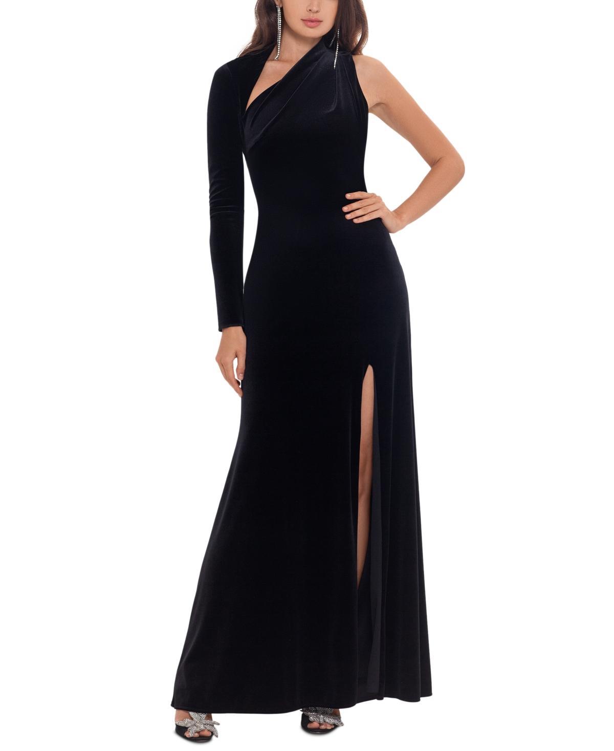 Betsy & Adam Womens Velvet Asymmetrical-Neck One-Sleeve Gown Product Image