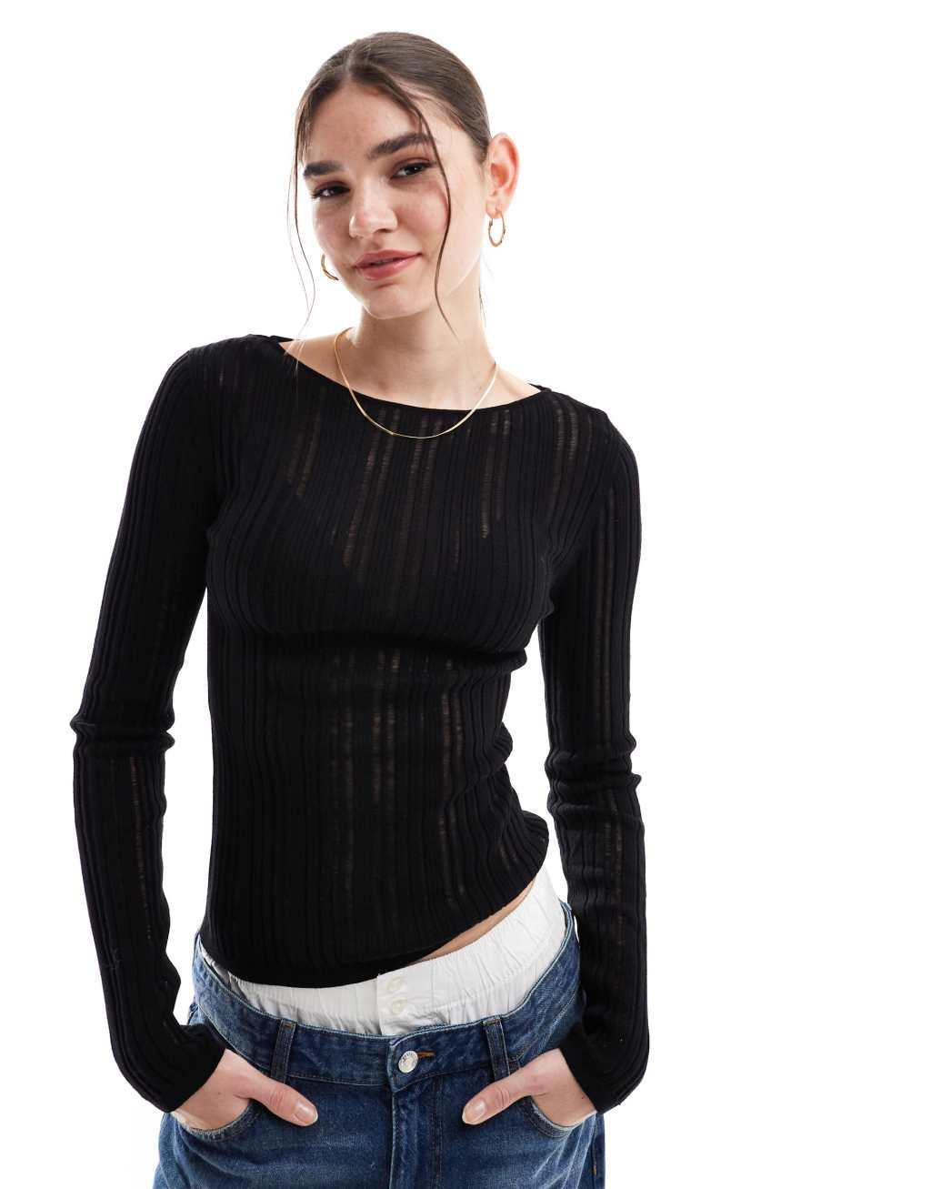 & Other Stories semi sheer fine knit top in black Product Image