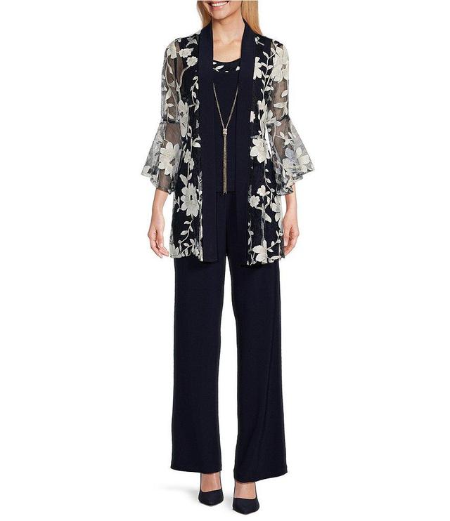 R & M Richards 3/4 Bell Sleeve Crew Neck Embroidered Sequin Lace 3-Piece Pant Set Product Image