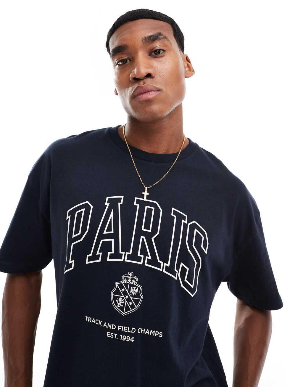 ASOS DESIGN boxy oversized T-shirt with campus front print in navy Product Image